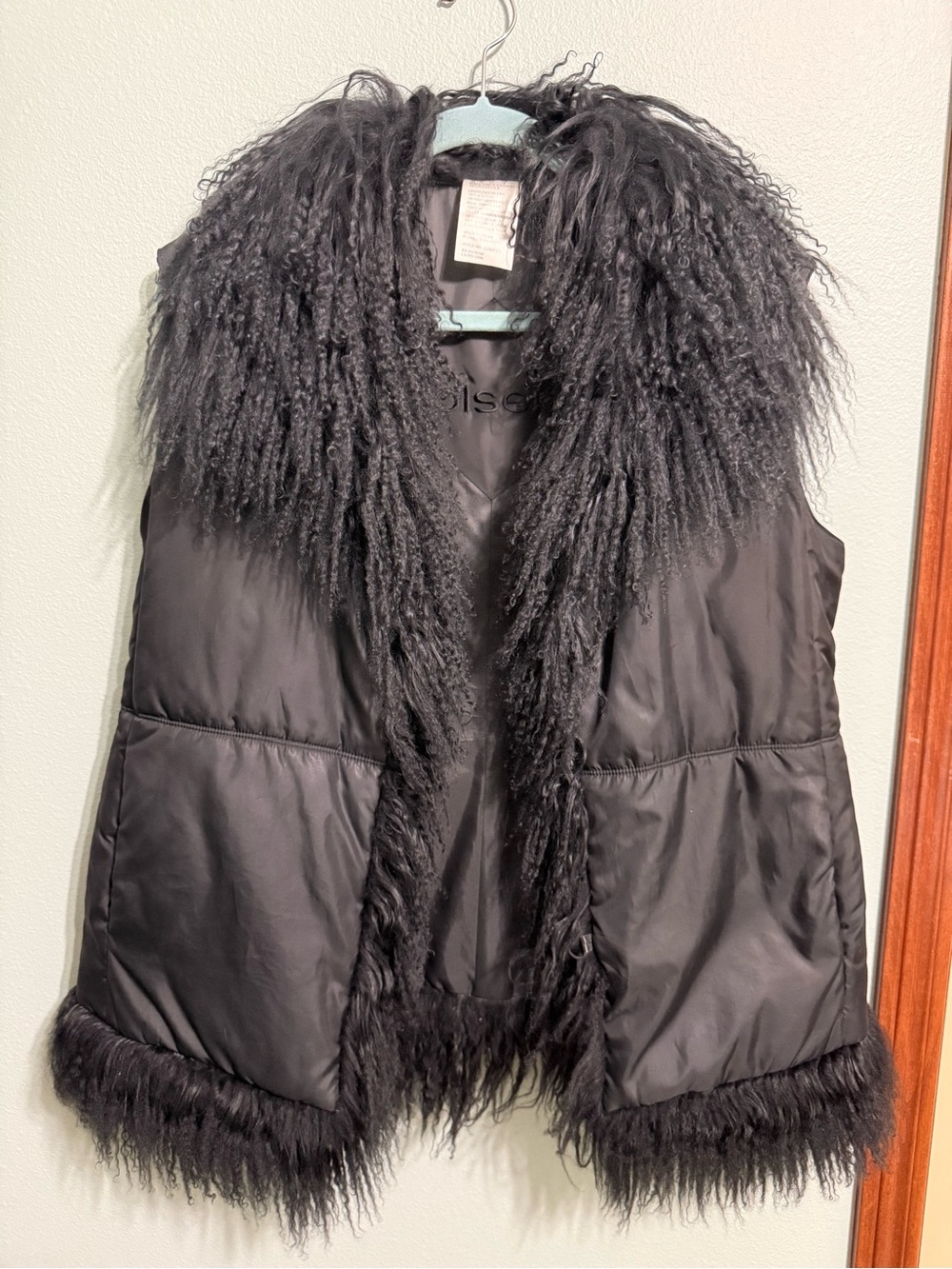 Olsen Black Puffer Vest with Shaggy Tibetan Lamb Fur Trim Size 8